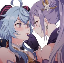 Rule 34 | 2girls, ahoge, bare shoulders, blue hair, blush, closed mouth, earrings, eye contact, ganyu (genshin impact), genshin impact, gloves, goat horns, horns, jewelry, keqing (genshin impact), lips, long hair, looking at another, multiple girls, negom, parted lips, purple eyes, purple gloves, purple hair, red eyes, simple background, sweat, upper body, white background, yuri