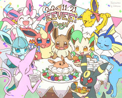 Rule 34 | &gt; o, :3, :d, :q, ^ ^, artist name, berry (pokemon), birthday cake, birthday party, blue eyes, blush, bottle, box, brown eyes, cake, candle, character name, closed eyes, commentary request, confetti, creatures (company), cup, dated, drinking glass, eevee, english text, espeon, evolutionary line, flareon, food, forehead jewel, game freak, gen 1 pokemon, gen 2 pokemon, gen 4 pokemon, gen 6 pokemon, glaceon, holding, holding bottle, holding box, holding plate, holding string, jolteon, leafeon, looking at object, nintendo, no humans, one eye closed, open mouth, plate, pokemon, pokemon (creature), purple eyes, red eyes, simple background, smile, standing, string, string of flags, sylveon, table, tongue, tongue out, u u, umbreon, vaporeon, wataame (tulip), water, water bottle, white background, yellow eyes