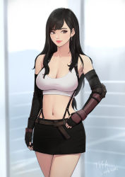 Rule 34 | 1girl, arm at side, arm guards, bare shoulders, belt, black hair, black skirt, blurry, blurry background, breasts, brown eyes, character name, cleavage, closed mouth, collarbone, cowboy shot, crop top, depth of field, elbow gloves, final fantasy, final fantasy vii, fingerless gloves, gloves, hand on own hip, large breasts, long hair, mezzo (orbanga21), miniskirt, navel, pink lips, skirt, sleeveless, smile, solo, square enix, stomach, suspender skirt, suspenders, tifa lockhart