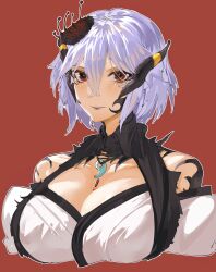 Rule 34 | 1girl, breasts, cleavage, commentary, crossed bangs, english commentary, grey hair, hair between eyes, hair ornament, highres, indie virtual youtuber, jewelry, large breasts, looking at viewer, magatama, magatama necklace, necklace, original, red background, red eyes, second-party source, short hair, simple background, solo, tattoo, tomatolover16, upper body, virtual youtuber