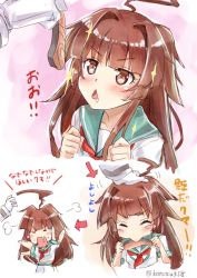 Rule 34 | &gt;:&lt;, 10s, 1girl, :&lt;, ahoge, angry, arrow (symbol), blush, blush stickers, breasts, brown eyes, brown hair, cleavage, closed eyes, closed mouth, drooling, eating, fang, fish, food, hand on another&#039;s head, headpat, kantai collection, koyuki (kotatsu358), kuma (kancolle), long hair, meat, open mouth, sailor collar, saliva, school uniform, serafuku, shirt, short sleeves, sparkle, translation request, triangle mouth, twitter username, v-shaped eyebrows, waving arms