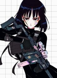 Rule 34 | 1990s (style), 1girl, absurdres, arrow cross, bandaid, bandaid on face, bishoujo senshi sailor moon, black gloves, black hair, bodysuit, close-up, commentary, cross, english commentary, eyebrows, eyelashes, finger on trigger, gloves, grid background, gun, highres, holding, holding gun, holding weapon, kriss usa, kriss vector, load bearing vest, looking at viewer, machine pistol, magpul, military operator, nike (company), product placement, purple eyes, retro artstyle, sailor saturn, scope, short hair, skin tight, smiley face, solo, submachine gun, suppressor, tomoe hotaru, transformational defense industries, tsurime, vinne, weapon