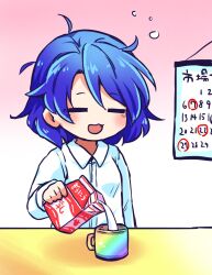 Rule 34 | 1girl, = =, blue hair, blush, calendar (object), closed eyes, collared shirt, commentary request, cup, drink, gradient background, highres, holding, holding drink, long sleeves, messy hair, milk, mug, no nose, open mouth, pajamas, pink background, pote (ptkan), pouring, rainbow gradient, shirt, short hair, sleepy, solo, tenkyuu chimata, touhou, upper body, white background, white pajamas, white shirt
