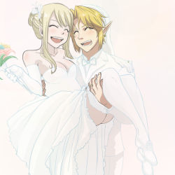 Rule 34 | 1boy, 1girl, blonde hair, crossover, dress, fairy tail, jewelry, link, lucy heartfilia, nintendo, pointy ears, ring, the legend of zelda, the legend of zelda: ocarina of time, thighhighs, tuxedo, wedding, wedding band, wedding dress, wedding ring