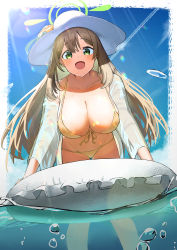 Rule 34 | 1girl, :d, absurdres, air bubble, bikini, blue archive, blue sky, blush, breasts, brown hair, bubble, cleavage, collarbone, day, flower, front-tie bikini top, front-tie top, green eyes, halo, hanabusaraleigh, hanging breasts, hat, hat flower, highres, innertube, large breasts, light rays, long sleeves, looking at viewer, nonomi (blue archive), open clothes, open mouth, open shirt, outdoors, ribbon, see-through, shirt, sky, smile, solo, sun hat, sunbeam, sunlight, swim ring, swimsuit, wading, water, wet, wet clothes, wet shirt, white hat, white shirt, yellow bikini, yellow flower, yellow ribbon