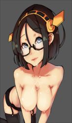 Rule 34 | 10s, 1girl, 7a7, all fours, alternate legwear, bad aspect ratio, black hair, blue eyes, breasts, cum, cum on body, cum on breasts, cum on upper body, female focus, garter straps, glasses, hair ornament, hanging breasts, kantai collection, kirishima (kancolle), large breasts, looking at viewer, nipples, short hair, smile, solo, thighhighs