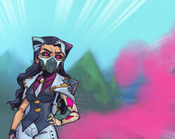 Rule 34 | 1girl, black hair, black sclera, black vest, capelet, collared shirt, colored sclera, cowboy shot, day, emphasis lines, league of legends, long hair, mask, mouth mask, multicolored hair, necktie, outdoors, pants, phantom ix row, pink eyes, red shirt, renata glasc, shirt, smoke, solo, standing, tree, two-tone hair, vest, white capelet, white hair, white necktie, white pants