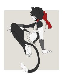Rule 34 | 1girl, animal ears, arm guards, arm support, bare legs, bare shoulders, barefoot, black hair, blush, cat ears, cat girl, cat tail, chest guard, dungeon meshi, fingernails, floating, from side, full body, fur, highres, hup cheop, izutsumi, korean commentary, legs together, looking at viewer, midriff, outstretched arm, profile, red scarf, scarf, sharp fingernails, short hair, sideways glance, simple background, sleeveless, soles, solo, tail