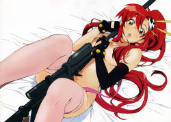 Rule 34 | 00s, 1girl, :o, absurdres, anti-materiel rifle, bed, bed sheet, blush, breasts, censored, chopsticks, convenient censoring, elbow gloves, gloves, gun, hair censor, hair ornament, hair over breasts, hair stick, highres, long hair, looking at viewer, lying, navel, nishigori atsushi, no bra, no panties, nude, official art, on back, open mouth, pink thighhighs, ponytail, red hair, rifle, sniper rifle, solo, tengen toppa gurren lagann, thighhighs, topless, weapon, yellow eyes, yoko littner