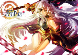 Rule 34 | 1girl, blurry, brown eyes, depth of field, detached sleeves, eyepatch, holding, horns, katana, long hair, looking at viewer, original, petals, pixiv fantasia, pixiv fantasia new world, silver hair, solo, stells, sword, weapon