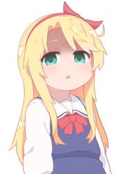 Rule 34 | 1girl, blonde hair, blue dress, blush, bow, child, commentary, disdain, dress, empty eyes, green eyes, hair ribbon, hatafuta, himesaka noa, long hair, long sleeves, looking at viewer, open mouth, red bow, red ribbon, ribbon, sailor collar, sailor dress, school uniform, simple background, solo, symbol-only commentary, thick eyebrows, upper body, very long hair, watashi ni tenshi ga maiorita!, white background, white sailor collar