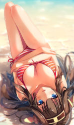 Rule 34 | 10s, 1girl, beach, bikini, blue eyes, blush, breasts, brown hair, cleavage, crossed arms, day, eyebrows, front-tie bikini top, front-tie top, hairband, headgear, highres, kantai collection, kongou (kancolle), large breasts, liu guniang, long hair, looking at viewer, lying, on back, outdoors, partially submerged, side-tie bikini bottom, solo, striped bikini, striped clothes, swimsuit, upside-down, water, wet