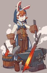 Rule 34 | 1girl, animal ears, blacksmith, borrowed character, cameron sewell, cigarette, commentary, english commentary, furry, furry female, hammer, highres, holding, holding hammer, holding sword, holding weapon, looking to the side, nun, original, rabbit ears, rabbit girl, smoking, solo, sword, weapon