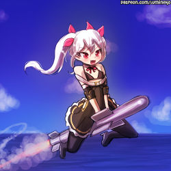 Rule 34 | 1girl, azur lane, black legwear, cloud, commentary, day, english commentary, fang, lumineko, missile, name connection, object namesake, red eyes, riding, sky, slit pupils, twintails, vampire (azur lane), white hair