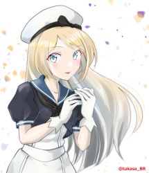 Rule 34 | 1girl, blonde hair, blue eyes, blue sailor collar, dress, gloves, hat, highres, jervis (kancolle), kantai collection, looking at viewer, one-hour drawing challenge, sailor collar, sailor dress, sailor hat, solo, tongue, tongue out, tsukasa (tukasa br), twitter username, white background, white dress, white gloves, white hat
