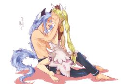 Rule 34 | 1boy, 1girl, animal ears, barefoot, blue hair, couple, diras, escaburn, fangs, forked eyebrows, frey (rune factory), from side, full body, girl on top, green hair, harvest moon, jewelry, long hair, rune factory, rune factory 4, simple background, tail, thick eyebrows, tiara, topless male, twintails, white background