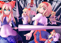 Rule 34 | 1girl, alice margatroid, blonde hair, blue eyes, bow, capelet, doll, green eyes, hair bow, hairband, kurone, looking back, polearm, puppet strings, shanghai doll, shield, spear, touhou, weapon