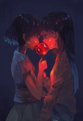 Rule 34 | 2girls, bad id, bad pixiv id, blue background, candy apple, commentary request, dark, eating, face-to-face, food, glowing, holding, holding food, long hair, long sleeves, multiple girls, original, shared food, shirt, short hair, short sleeves, skirt, tomaeda (bravered), tongue, tongue out, yuri