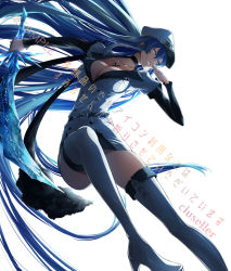 Rule 34 | 1girl, absurdly long hair, akame ga kill!, arm up, artist name, belt, black choker, blue eyes, blue hair, boots, breasts, choker, cleavage, cluseller, collarbone, crystal, dress, esdeath, female focus, grin, hand up, happy, hat, high heels, holding, holding sword, holding weapon, ice, japanese text, large breasts, layered sleeves, leg up, long hair, long sleeves, multicolored hair, peaked cap, sample watermark, short dress, short over long sleeves, short sleeves, simple background, skindentation, smile, solo, streaked hair, sword, tattoo, teeth, thigh boots, thighhighs, translation request, two-tone hair, very long hair, watermark, weapon, white background, white dress, white footwear, white hat