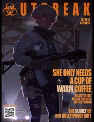 Rule 34 | 1girl, backlighting, biohazard symbol, breath, building, bulletproof vest, bypos, car, cover, cup, dated, disposable cup, earrings, fake magazine cover, fbi, female focus, glasses, gloves, gun, highres, holding, holding cup, holding gun, holding weapon, id card, jacket, jewelry, leggings, magazine cover, mole, mole under eye, motor vehicle, open mouth, police car, qr code, red-framed eyewear, short hair, sleeves past wrists, snow, snowing, solo, thigh strap, tom clancy&#039;s the division 2, torn clothes, torn legwear, weapon, winter clothes