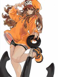 Rule 34 | 1girl, anchor, anchor symbol, arm up, bare legs, bike shorts, brown hair, found modori, guilty gear, guilty gear strive, hat, heart, heart tattoo, highres, holding, jacket, leg up, long hair, long sleeves, looking at viewer, may (guilty gear), orange eyes, orange hat, orange jacket, pirate hat, salute, simple background, skull and crossbones, solo, tattoo, white background