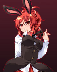 Rule 34 | 1girl, absurdres, animal ears, arm behind back, aura, bad id, bad pixiv id, blush, buttons, chibi (nekomimimi), formal, gradient background, highres, looking at viewer, necktie, original, parted lips, rabbit ears, red eyes, red hair, solo, suit