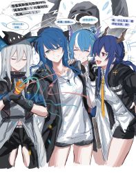 Rule 34 | 1other, 4girls, :d, ^ ^, absurdres, arknights, arms up, black capelet, black coat, black gloves, black headwear, black pants, black shorts, blue eyes, blue hair, blush, breasts, capelet, ch&#039;en (arknights), cheering, chinese text, closed eyes, closed mouth, clothing cutout, coat, collarbone, cropped legs, cross, cross necklace, doctor (arknights), dragon horns, flying sweatdrops, gloves, grey hair, grey shirt, halo, hand on another&#039;s head, hand on another&#039;s shoulder, hat, highres, horns, jewelry, ling (arknights), long hair, low twintails, mask, medium breasts, mostima (arknights), multicolored hair, multiple girls, necklace, necktie, open clothes, open coat, open mouth, pants, parted lips, party popper, pointy ears, red eyes, shirt, short shorts, shorts, skadi (arknights), smile, sparkle, speech bubble, streaked hair, thigh cutout, trait connection, translation request, twintails, two-tone hair, v-shaped eyebrows, very long hair, white shirt, yellow necktie, zuo daoxing