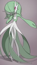 Rule 34 | 1girl, bob cut, closed mouth, colored skin, creatures (company), female focus, flat chest, full body, game freak, gardevoir, gen 3 pokemon, green hair, green skin, hair between eyes, hand up, happy, head tilt, knees together feet apart, looking to the side, lotosu, multicolored skin, nintendo, outstretched arm, pokemon, pokemon (creature), purple background, red eyes, short hair, simple background, smile, solo, standing, straight-on, thigh gap, two-tone skin, white skin