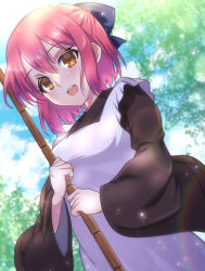 Rule 34 | 1girl, apron, bamboo broom, blue bow, blue sky, blush, bow, broom, brown eyes, brown kimono, cloud, commentary, day, hair between eyes, hair bow, half updo, highres, holding, holding broom, itsuka neru, japanese clothes, kimono, kohaku (tsukihime), looking at viewer, looking down, maid, maid apron, open mouth, outdoors, pink hair, short hair, sky, smile, solo, sunlight, teeth, tongue, tree, tsukihime, upper body, upper teeth only, wa maid, white apron, wide sleeves