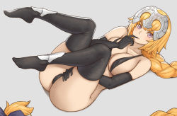 Rule 34 | 1girl, absurdly long hair, alternate eye color, bare shoulders, black bra, black gloves, black panties, black thighhighs, blonde hair, blush, bra, braid, breasts, collarbone, commentary request, fate/apocrypha, fate (series), finger to mouth, gloves, grey background, headpiece, highres, jeanne d&#039;arc (fate), jeanne d&#039;arc (ruler) (fate), knees up, large breasts, long braid, long hair, looking at viewer, lying, on back, panties, parted lips, pink eyes, simple background, single braid, solo, thighhighs, tsuki suigetsu, underwear, very long hair