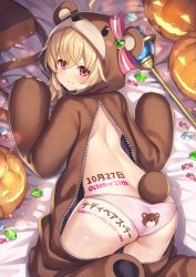 Rule 34 | 1girl, animal costume, animal ears, animal hood, animal print, ass, back-print panties, bear costume, bear ears, bear hood, bear print, bear tail, blonde hair, blush, body writing, candy, crystal, dated, fake animal ears, female focus, food, from behind, gem, halloween, highres, hood, jack-o&#039;-lantern, linmiu (smilemiku), little witch nobeta, long hair, looking back, lying, nobeta, official art, on stomach, open clothes, panties, pink panties, print panties, pumpkin, red eyes, solo, tail, thighs, underwear, wand, wedgie, wrapped candy
