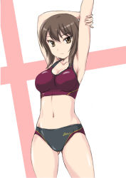 Rule 34 | 10s, 1girl, alternate costume, armpits, arms up, asics, bikini, breasts, brown eyes, brown hair, cleavage, closed mouth, clothes writing, collarbone, cowboy shot, eyebrows, girls und panzer, gluteal fold, halterneck, hand on own arm, highres, light smile, looking at viewer, navel, nishizumi maho, shiny skin, short hair, smile, solo, sports bikini, sportswear, standing, stomach, swimsuit, wan&#039;yan aguda, white background