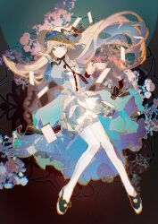Rule 34 | 1girl, arcaea, black background, black bow, black bowtie, black footwear, blonde hair, blue dress, blue eyes, blue sleeves, bow, bowtie, buttons, card, closed mouth, collar, collared dress, cup, dress, dress bow, eto (arcaea), expressionless, floating hair, floral background, footwear bow, frilled dress, frilled gloves, frilled hat, frills, full body, gloves, hand in own hair, hat, hat bow, highres, holding, holding cup, juliet sleeves, layered dress, lobelia (saclia), long hair, long sleeves, looking at viewer, orange outline, playing card, pleated dress, puffy sleeves, shoes, short dress, simple background, solo, teacup, thighhighs, very long hair, white collar, white dress, white gloves, white headwear, white thighhighs