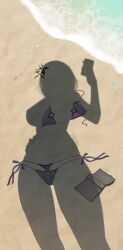 Rule 34 | 1girl, absurdres, beach, bikini, unworn bikini, book, unworn clothes, commentary, dressed shadow (meme), female pov, hair ornament, highres, holding, holding phone, hololive, hololive english, myth1carts, out of frame, phone, pov, sand, shadow, shiori novella, side-tie bikini bottom, solo, swimsuit, virtual youtuber