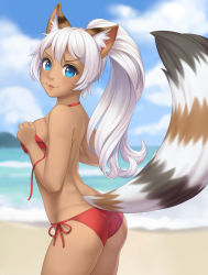 Rule 34 | 1girl, :3, animal ears, ass, beach, bikini, blue eyes, breasts, cat ears, cat tail, cristalavi, day, freckles, from side, highres, long hair, looking at viewer, looking back, medium breasts, original, outdoors, parted lips, ponytail, red bikini, side-tie bikini bottom, solo, string bikini, swimsuit, tail, untied bikini, white hair