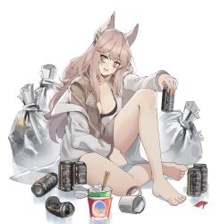 Rule 34 | 1girl, absurdres, animal ears, bags under eyes, barefoot, bra, breasts, brown shirt, can, cat ears, coat, crushed can, cup, cup ramen, gar32, girls&#039; frontline, highres, holding, holding can, lab coat, large breasts, long hair, looking at viewer, messy hair, mug, open clothes, open coat, open mouth, persica (girls&#039; frontline), pink eyes, pink hair, shirt, sitting, smile, solo, trash bag, underwear, white background
