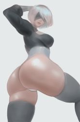 Rule 34 | ass, back, black dress, black thighhighs, blindfold, boots, breasts, cleavage cutout, clothing cutout, dress, gloves, hairband, hand in own hair, high heel boots, high heels, looking at viewer, looking back, medium breasts, mole, mole under mouth, nextoad, nier (series), nier:automata, puffy sleeves, shiny skin, solo, thighhighs, white background, white gloves, white hair, 2b (nier:automata)