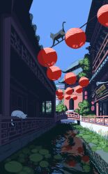 Rule 34 | architecture, artist name, black cat, blue sky, bridge, building, cat, east asian architecture, hby stuff, highres, lantern, lily pad, making-of available, no humans, original, outdoors, paper lantern, pixel art, ripples, scenery, sky, tree, white cat
