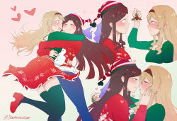 Rule 34 | ..., 2girls, absurdres, blonde hair, blush, brown hair, closed mouth, commentary, dreamsyndd, english commentary, eye contact, closed eyes, flying sweatdrops, half-closed eyes, heart, highres, holding, holding mistletoe, hug, imminent kiss, long hair, looking at another, mistletoe, multiple girls, parted lips, red sweater, saijou claudine, shoujo kageki revue starlight, snowman print, sparkle, sweater, teeth, tendou maya, thighhighs, tongue, twitter username, upper teeth only, yuri