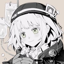 Rule 34 | 1boy, artist name, badge, bishounen, bob cut, cloak, collared shirt, ezra theodore, gloves, greyscale, greyscale with colored background, highres, holding, holding mushroom, light brown background, looking at viewer, male focus, monochrome, mushroom, portrait, qiancaofu, reverse:1999, shirt, short hair, signature, smile, solo