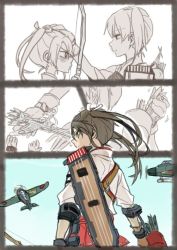 Rule 34 | 10s, 2girls, aircraft, airplane, arrow (projectile), bad id, bad twitter id, bow (weapon), comic, fairy (kancolle), flight deck, hand on another&#039;s head, japanese clothes, kaga (kancolle), kantai collection, long hair, multiple girls, muneate, quiver, ree (re-19), side ponytail, weapon, aged down, zuikaku (kancolle)