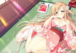Rule 34 | asuna (sao), bare shoulders, black hair, blush, breasts, brown eyes, cleavage, closed eyes, collarbone, floral print, flower, futon, hair between eyes, hair flower, hair ornament, head tilt, indoors, japanese clothes, kimono, large breasts, light brown hair, long hair, long sleeves, looking at viewer, lying, mother and daughter, no panties, no shoes, obi, off shoulder, on back, parted lips, pink kimono, print kimono, sash, sleeping, socks, solo focus, sunlight, sword art online, tabi, tatami, tray, under covers, very long hair, watsuki ayamo, white flower, white socks, wide sleeves, yui (sao)