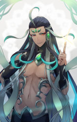 Rule 34 | 1boy, black hair, commentary request, eyeshadow, facial mark, fate/grand order, fate (series), forehead mark, glint, hair slicked back, hand on own hip, hand up, highres, hsin, index finger raised, long hair, looking at viewer, makeup, male focus, navel, shi huang di (fate), red eyes, topless male, smile, solo, upper body, very long hair