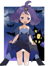 Rule 34 | 1girl, :3, acerola (pokemon), bat (animal), blue eyes, border, bright pupils, clothes lift, creatures (company), cropped legs, dress, dress lift, female focus, fog, game freak, highres, house, lifting own clothes, looking at viewer, night, nintendo, ookamiuo, open mouth, outside border, panties, pokemon, pokemon sm, purple hair, solo, thighs, topknot, underwear, white border, white panties, white pupils