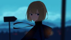 Rule 34 | 1girl, absurdres, blonde hair, blue eyes, blue jacket, blue sky, blurry, blurry background, closed mouth, commentary request, debris, expressionless, from side, highres, hood, hooded jacket, jacket, looking away, looking back, neck ribbon, original, otonashikei, outdoors, red ribbon, ribbon, short hair, sideways glance, sky, solo, turtleneck, upper body