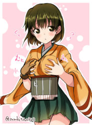 Rule 34 | 10s, 1girl, :&lt;, black eyes, blush, breast press, breasts, brown hair, closed mouth, cowboy shot, eyebrows, flying sweatdrops, gloves, hakama, hakama short skirt, hakama skirt, hiryuu (kancolle), japanese clothes, kantai collection, kimono, large breasts, looking at viewer, motion lines, multicolored background, partially fingerless gloves, partly fingerless gloves, short hair, single glove, skirt, solo, suzuki toto, twitter username, two-tone background, wide sleeves, yugake