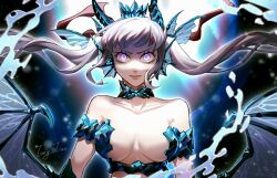 Rule 34 | 1girl, absurdres, black clover, blue choker, blue horns, breasts, choker, closed mouth, crown, dragon wings, fins, grey hair, hair ribbon, head fins, highres, horns, looking at viewer, low twintails, medium breasts, multicolored eyes, noelle silva, ribbon, signature, slit pupils, solo, tang tian, twintails, water, wings
