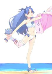 Rule 34 | 1girl, akinbo (hyouka fuyou), ankle ribbon, beach, bikini, black bow, blue bow, blue hair, blue ribbon, bow, earrings, fate/grand order, fate (series), floating hair, full body, hair bow, highres, holding, holding clothes, holding jacket, ishtar (fate), jacket, jewelry, leg ribbon, leg up, long hair, ocean, pink jacket, red eyes, ribbon, side-tie bikini bottom, simple background, solo, standing, standing on one leg, strapless, strapless bikini, swimsuit, thigh strap, twintails, two side up, very long hair, white background, white bikini