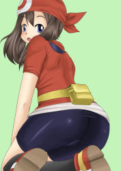 Rule 34 | 1girl, ass, bad id, bad pixiv id, bandana, bike shorts, cameltoe, creatures (company), from behind, game freak, hat, latex, looking at viewer, may (pokemon), nintendo, nullhachi, pokemon, solo