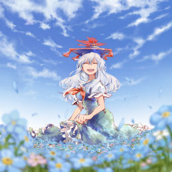 Rule 34 | 1girl, blue hair, blue hat, blurry, closed eyes, cloud, day, depth of field, dress, female focus, field, flower, flower field, forget-me-not (flower), hat, kamishirasawa keine, long hair, nature, open mouth, outdoors, petals, plant, shinoasa, sky, smile, solo, touhou